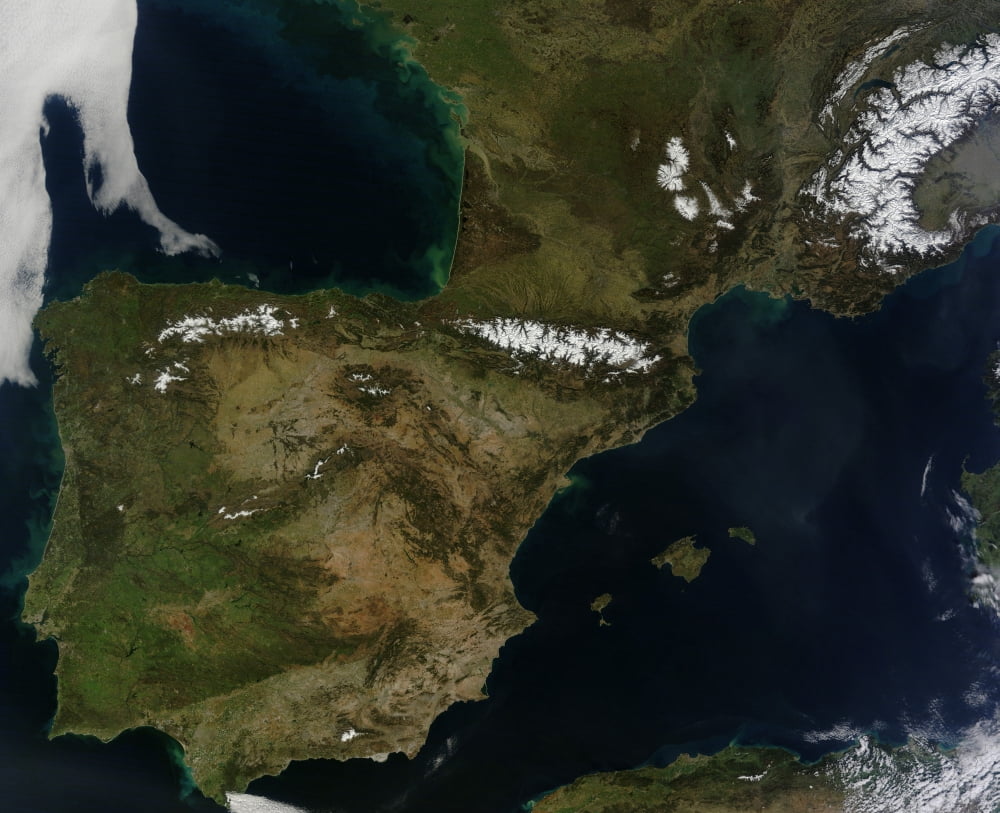 Satellite view of Spain Portugal Andorra and southern France Canvas Art - Stocktrek Images (32 x 26)