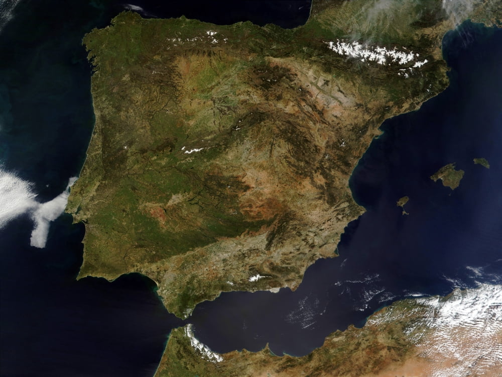 Satellite view of Spain and Portugal Canvas Art - Stocktrek Images (32 x 24)