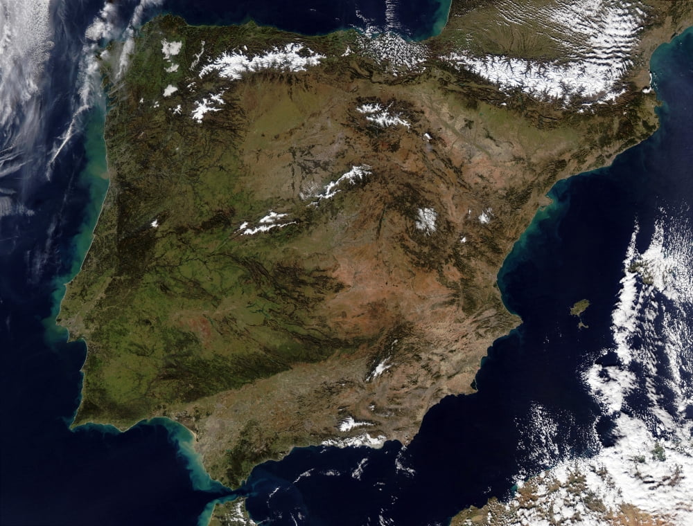 Satellite view of Spain and Portugal Canvas Art - Stocktrek Images (32 x 24)
