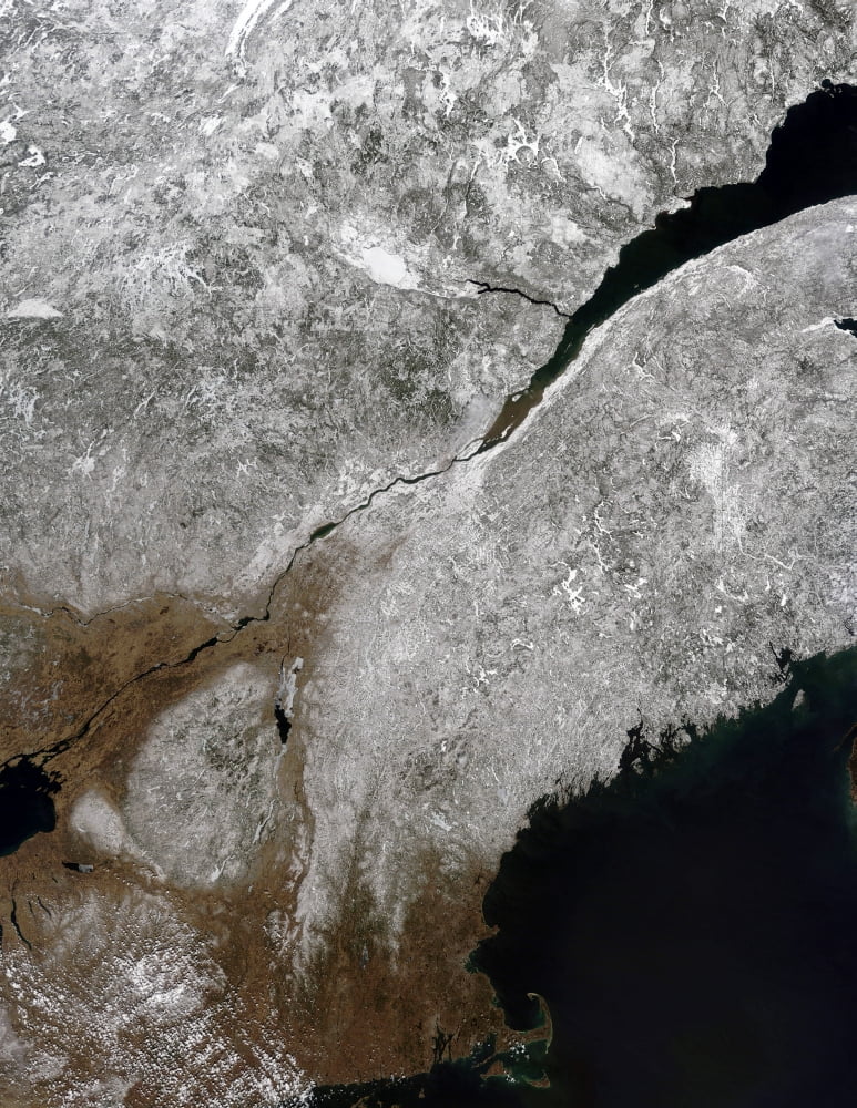 Satellite view of a frosty landscape across northern New England and eastern Canada Canvas Art - Stocktrek Images (25 x 32)