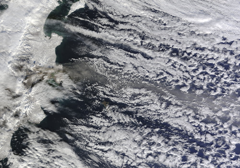 Satellite view of an ash plume rising from Russias Shiveluch volcano Canvas Art - Stocktrek Images (34 x 24)