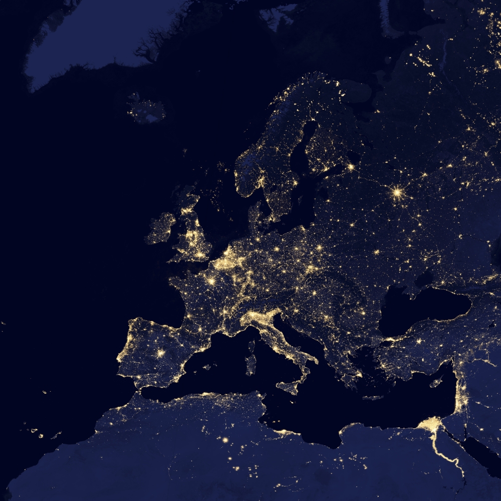 Satellite view of city lights in several European and Nordic cities Canvas Art - Stocktrek Images (29 x 29)