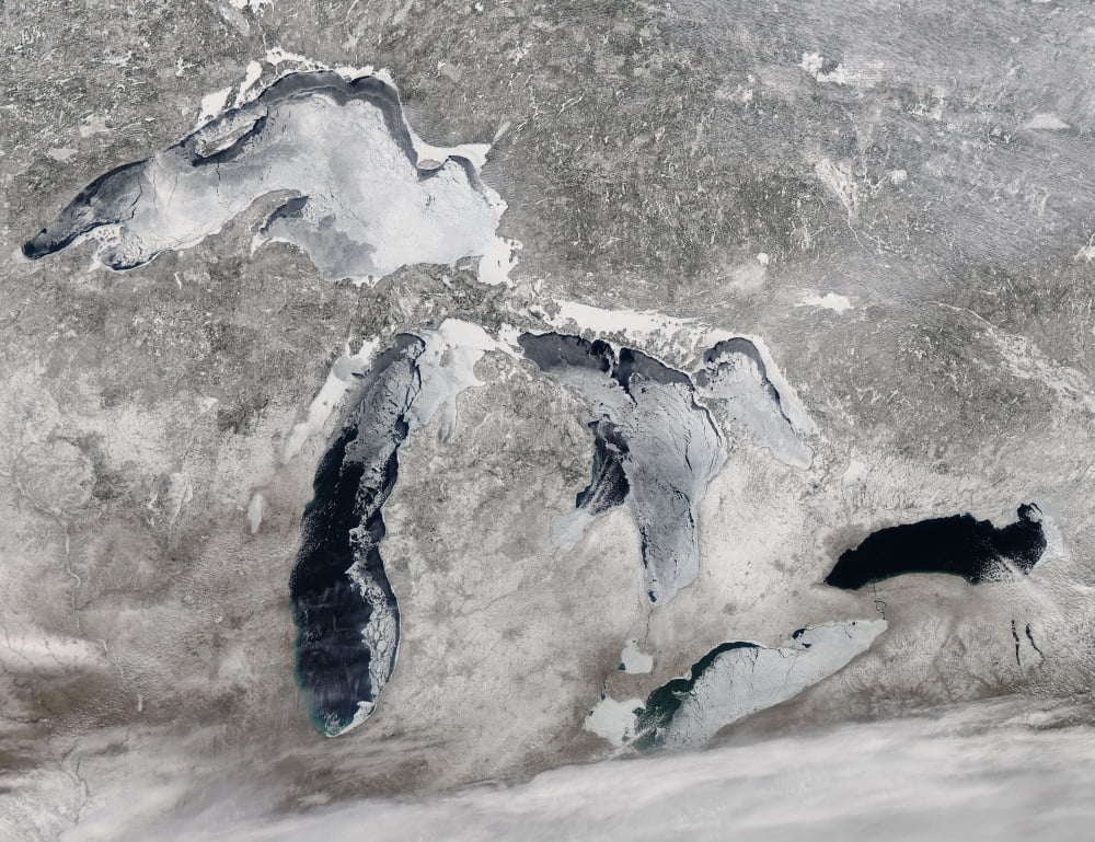 Satellite view of ice on the Great Lakes United States Canvas Art - Stocktrek Images (32 x 25)