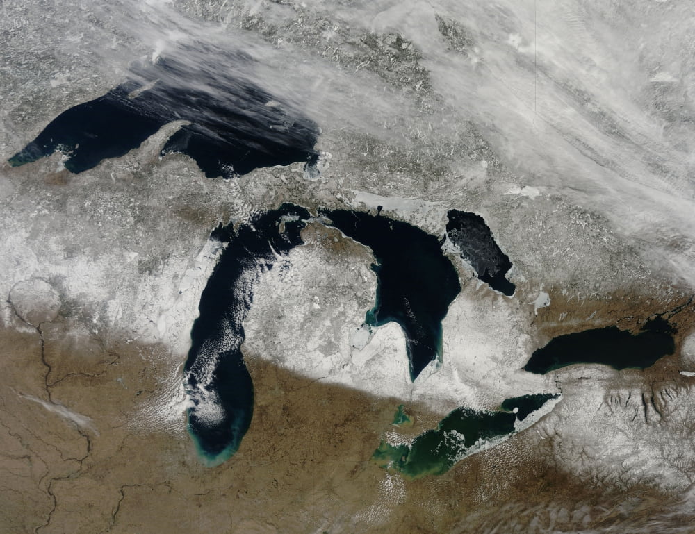 Satellite view of snow across Wisonsin Michigan and Canada Canvas Art - Stocktrek Images (33 x 25)
