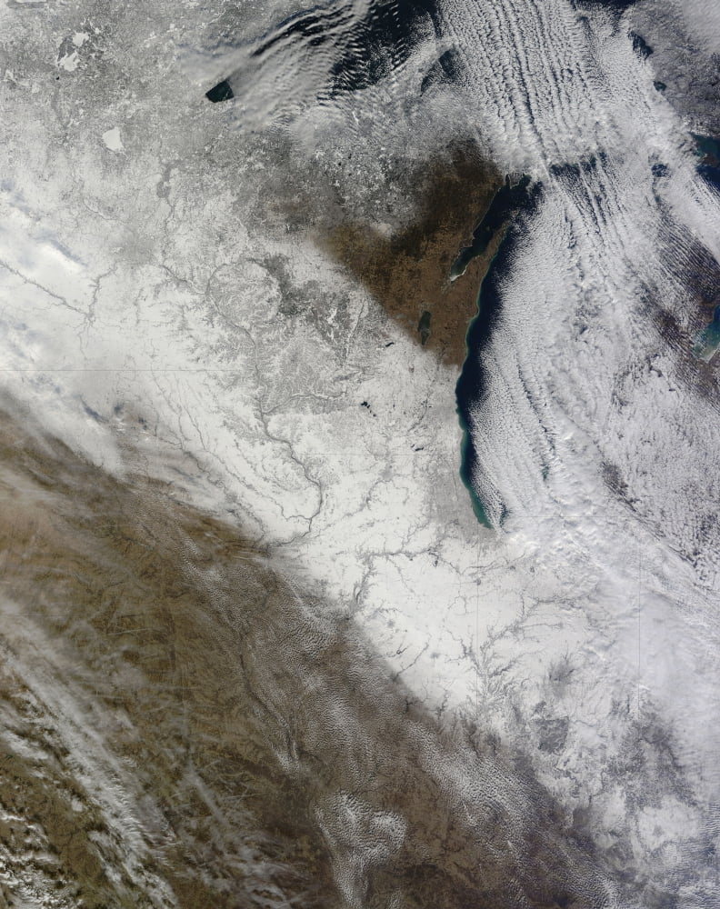 Satellite view of snow and cold across the Midwestern United States Canvas Art - Stocktrek Images (25 x 32)