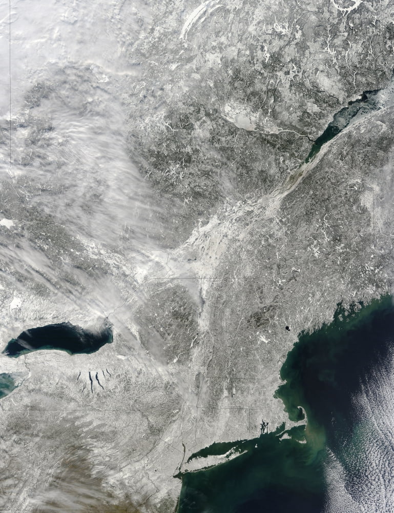 Satellite view of snow cover in the Northeastern United States Canvas Art - Stocktrek Images (25 x 32)