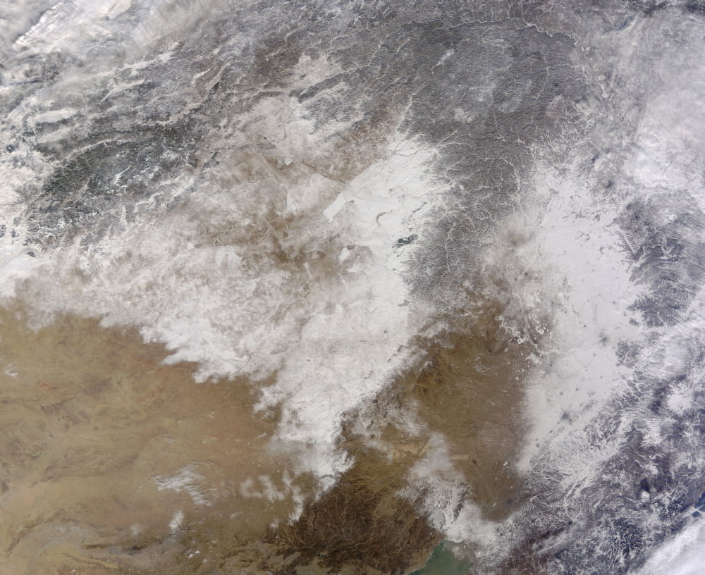 Satellite view of snow in northeastern China Canvas Art - Stocktrek Images (32 x 26)