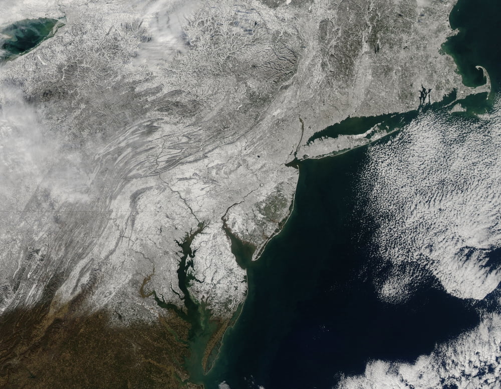 Satellite view of snow in the northeastern United States Canvas Art - Stocktrek Images (32 x 25)
