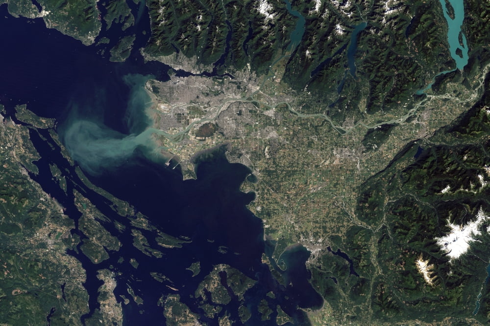Satellite view of the Fraser River British Columbia Canada Canvas Art - Stocktrek Images (35 x 23)