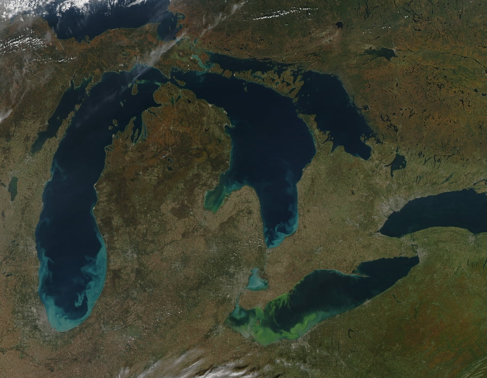 Satellite view of the Great Lakes USA Canvas Art - Stocktrek Images (32 x 25)