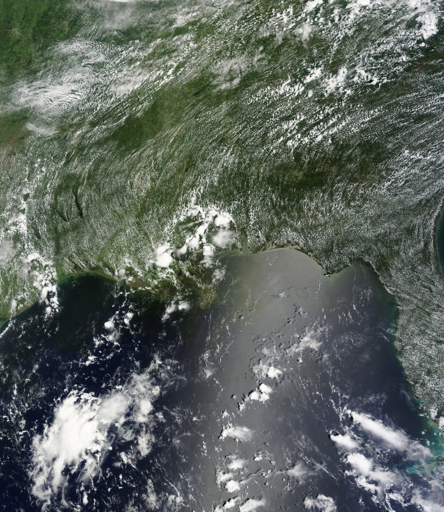 Satellite view of the Gulf of Mexico speckled and streaked with small clouds Canvas Art - Stocktrek Images (26 x 30)