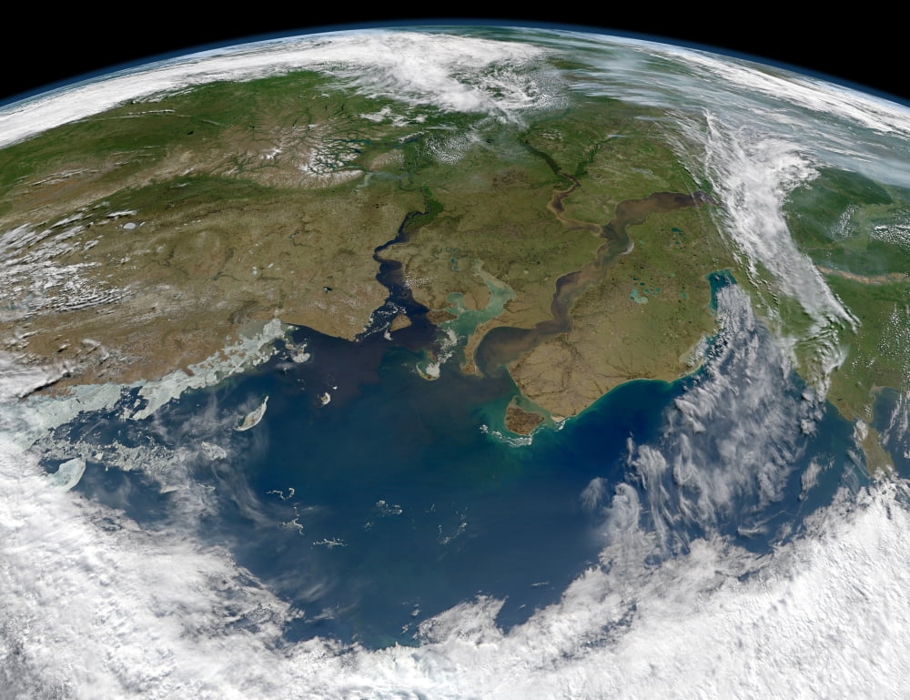 Satellite view of the Ob and Yenisei rivers as they carry sediments into the Kara Sea Canvas Art - Stocktrek Images (32 x 25)
