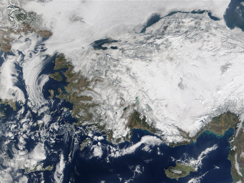 Satellite view of the Republic of Turkey covered by snow Canvas Art - Stocktrek Images (33 x 25)