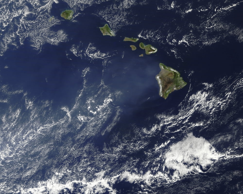 Satellite view of volcanic fog from Kilauea volcano swirling around the Hawaiian Islands Canvas Art - Stocktrek Images (31 x 25)