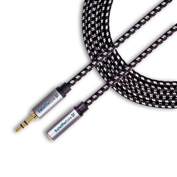 SatelliteSale Auxiliary 3.5mm Audio Jack Male to Female Aux Extension Cable Universal Wire Black/White Nylon Cord 100 feet