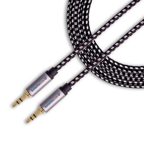 SatelliteSale Auxiliary 3.5mm Audio Jack Male to Male Digital Stereo Aux Cable Universal Wire Black/White 30 Feet Nylon Cord