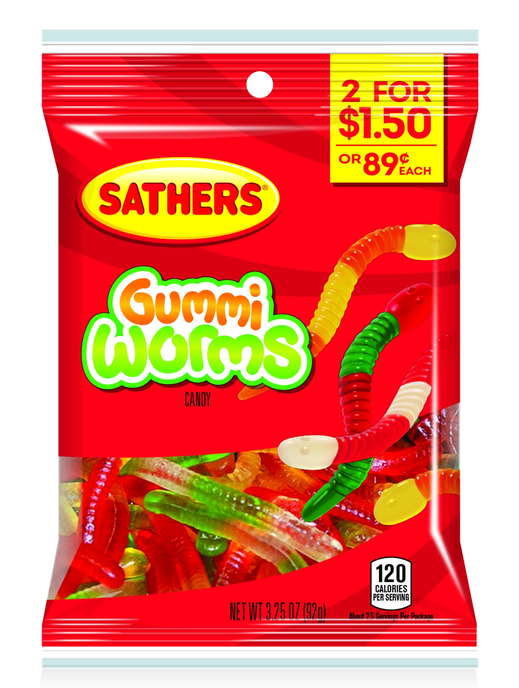 Sathers Gummy Worms Candy, 3.25 Ounce Bag