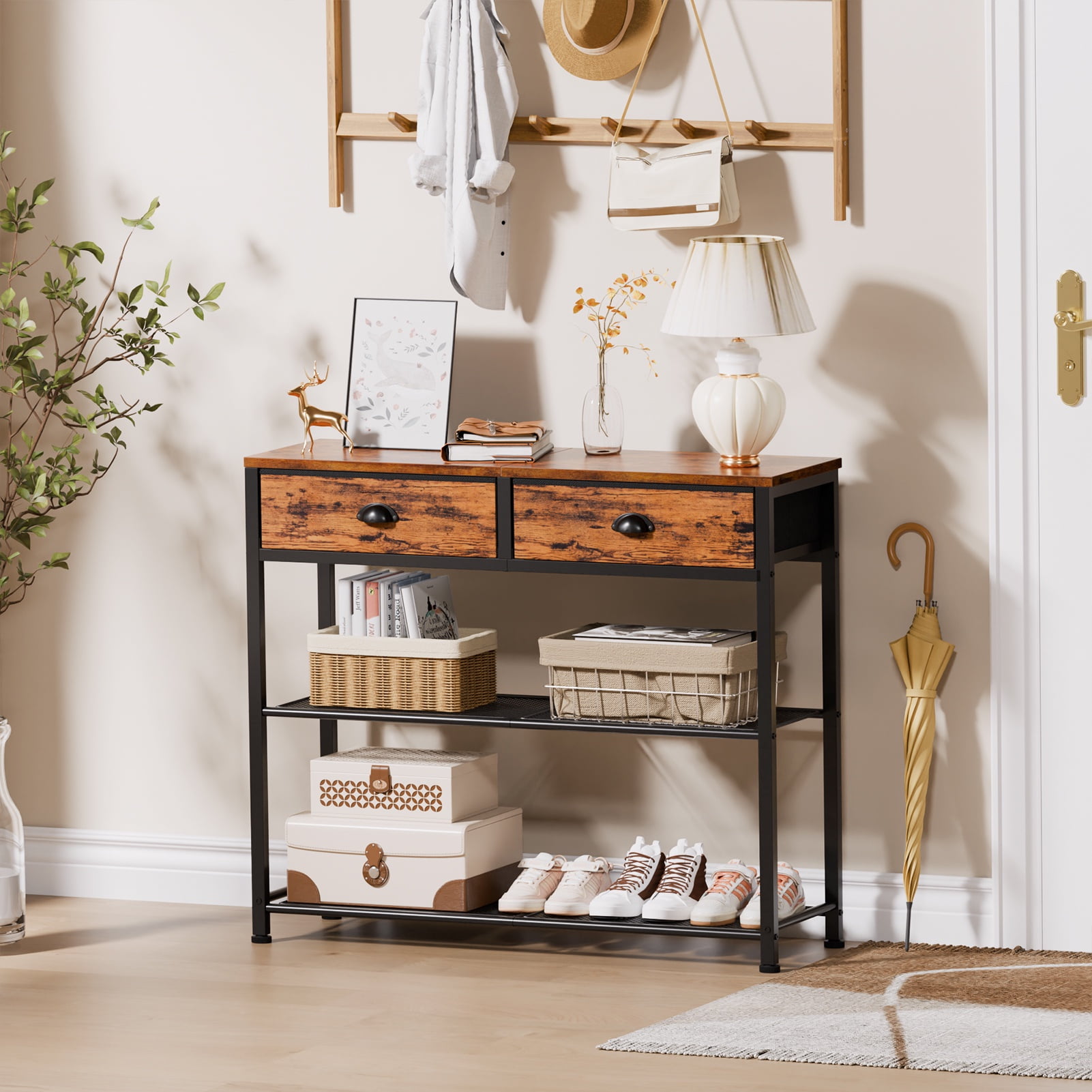 Satifur 30 inch Extra Long Entryway Table with Upgraded Fabric Drawers Console Table Metal Frame with Shelves for Living Room Hallway