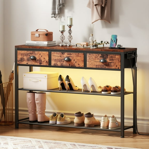Satifur 38" Entryway Table with Power Outlets and Light, Console Table with 3 Fabric Drawers, Hallway Table, Rustic Brown