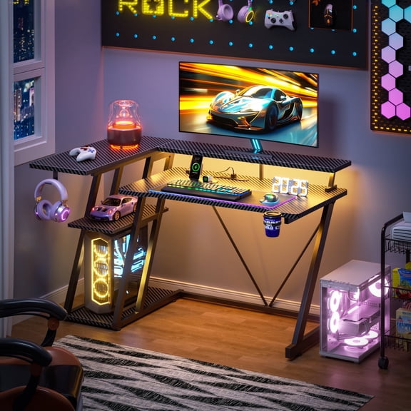 Satifur 39" Pro L-Shaped Gaming Desk Black, RGB LED, Power Hub & Monitor Riser for Ultimate Setup