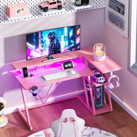 Satifur 39" Pro L-Shaped Gaming Desk Pink, RGB LED, Power Hub & Monitor Riser for Ultimate Setup