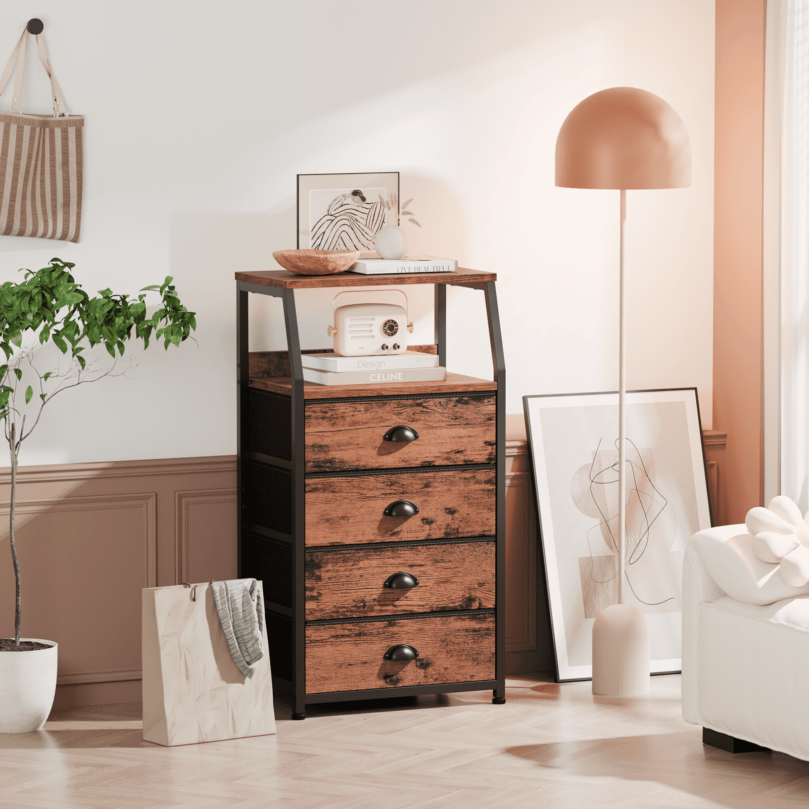 Satifur 4 Drawer Nightstand Vertical Fabric Dresser Storage End Table for All Age Rustic Brown
