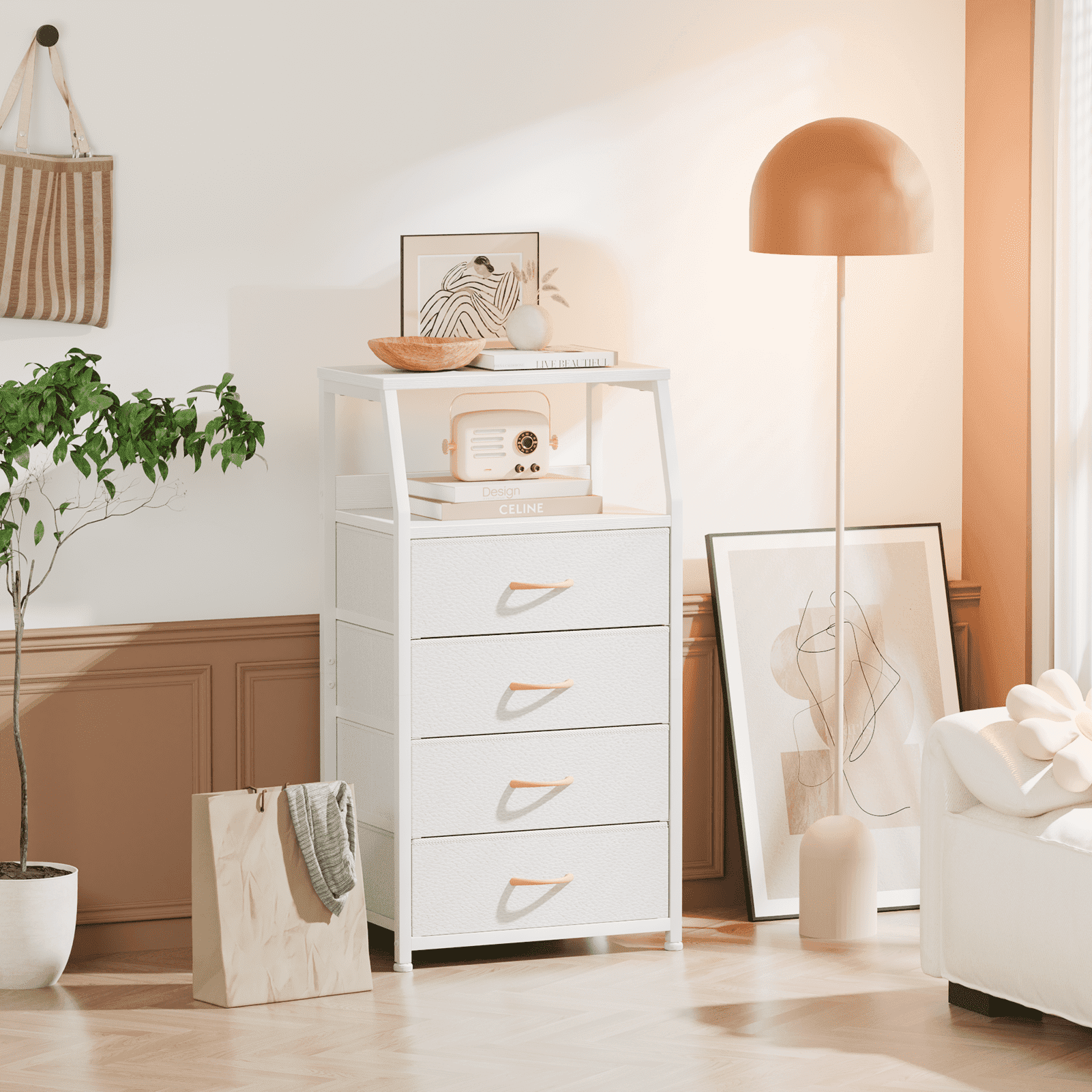 Satifur 4 Drawer Nightstand Vertical Fabric Dresser Storage End Table for All Age White