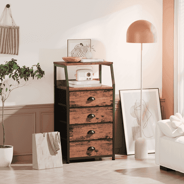 Satifur 4-Drawer Nightstand,Vertical Fabric Dresser Storage End Table,for All Age,Rustic Brown