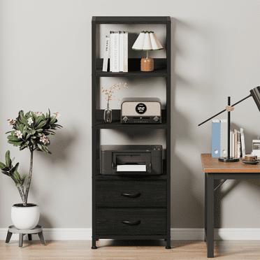 Satifur 4-Tier 57" H Bookshelf and Bookcase with 2 Removable Drawers, Narrow Display Shelf for Living Room, Black Oak