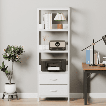 Satifur 4-Tier 57" H Bookshelf and Bookcase with 2 Removable Drawers, Narrow Display Shelf for Living Room, White