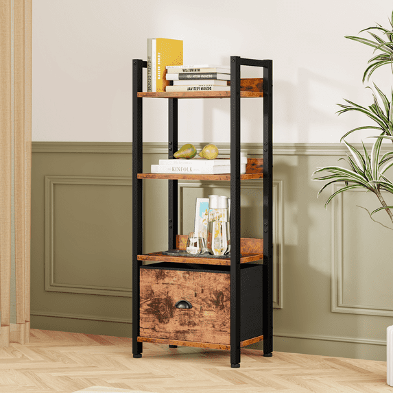 Satifur 4 Tier Ladder Bookcase with Removable Drawer Tall Standing Bookshelf,Black Oak
