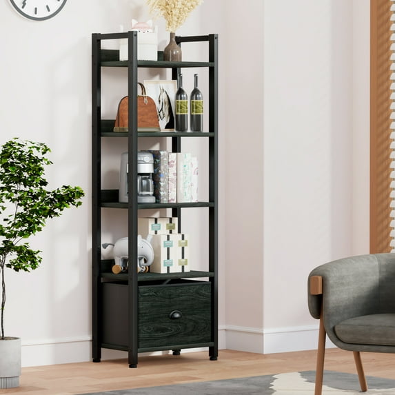 Satifur 4 Tier Rustic Brown Storage Bookshelf, Tall Indoor Organizer with 1 Removable Drawer, Adjustable Foot Pads for Balcony