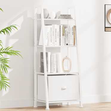 Satifur 4-Tier Ladder Bookshelf With Drawer, Leaning Bookcase Storage Display Shelf,White