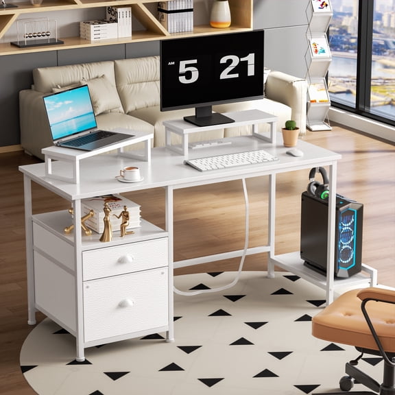 Satifur 47" Computer Office Desk with Drawers & Charging Station, Gaming Desk with Movable Monitor Stands, Storage Shelves & File Cabinet, White