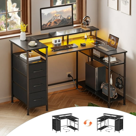 Satifur 47" Computer Desk with LED Lights & Power Outlets, L-Shaped Desk with 3 Fabric Drawers & Open Shelves, Reversible Home Office Desk,Black