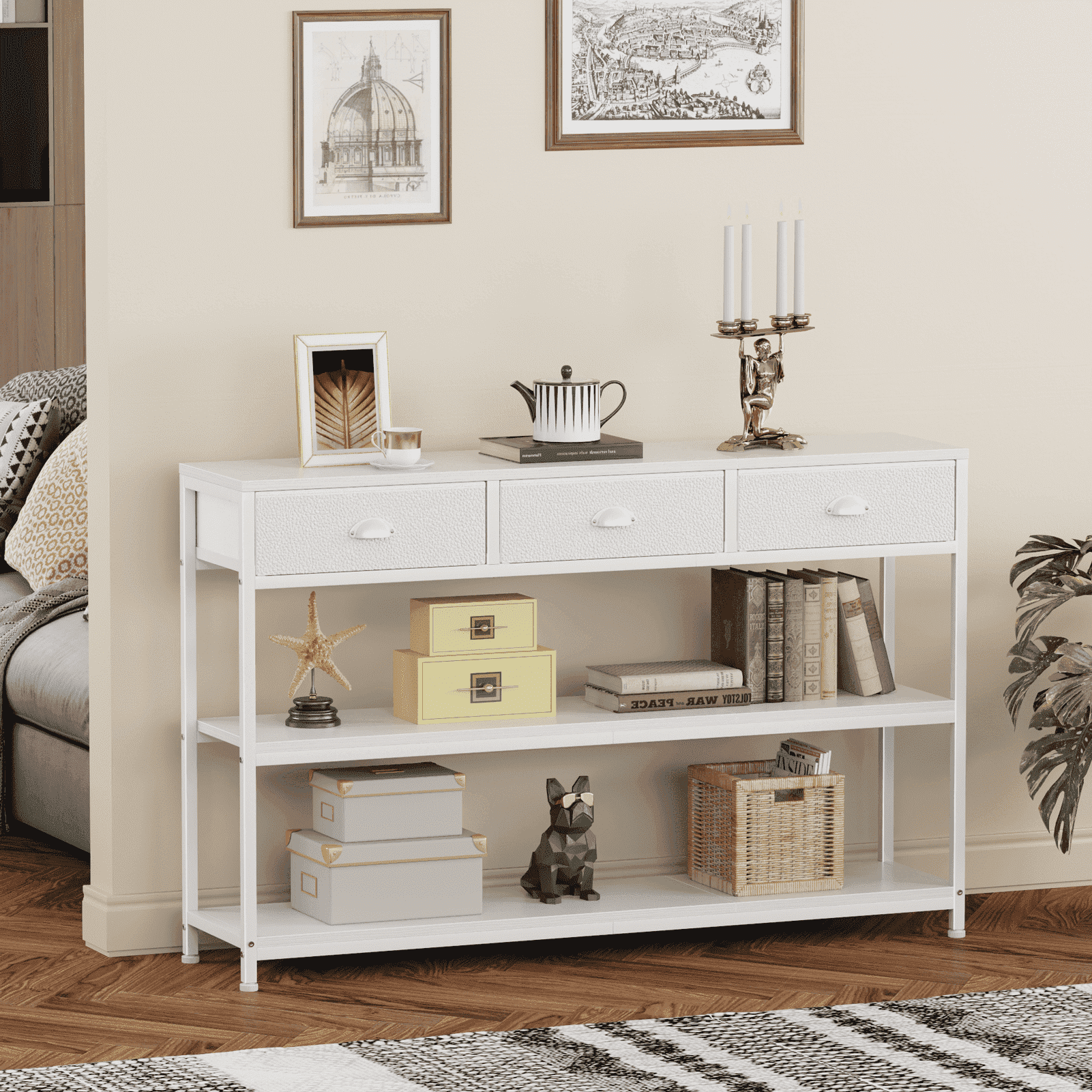 Satifur 47" Entryway Table with 3 Fabric Drawers, Console Table Metal Frame Sofa Table with 2 Shelves for Living Room and Hallway, White