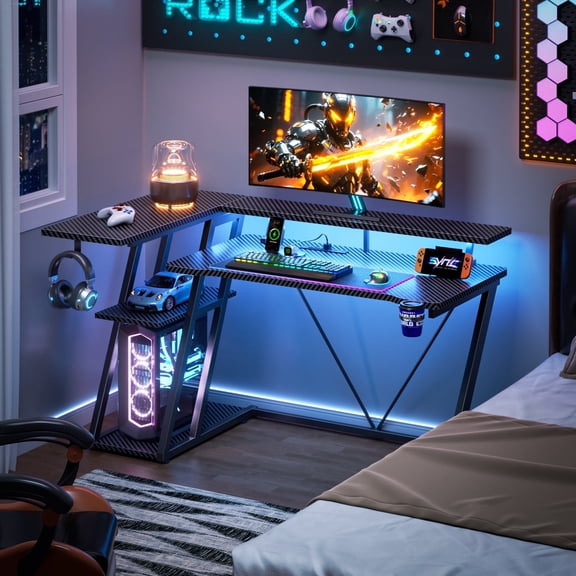 Satifur 47" Pro L-Shaped Gaming Desk Black, RGB LED, Power Hub & Monitor Riser for Ultimate Setup