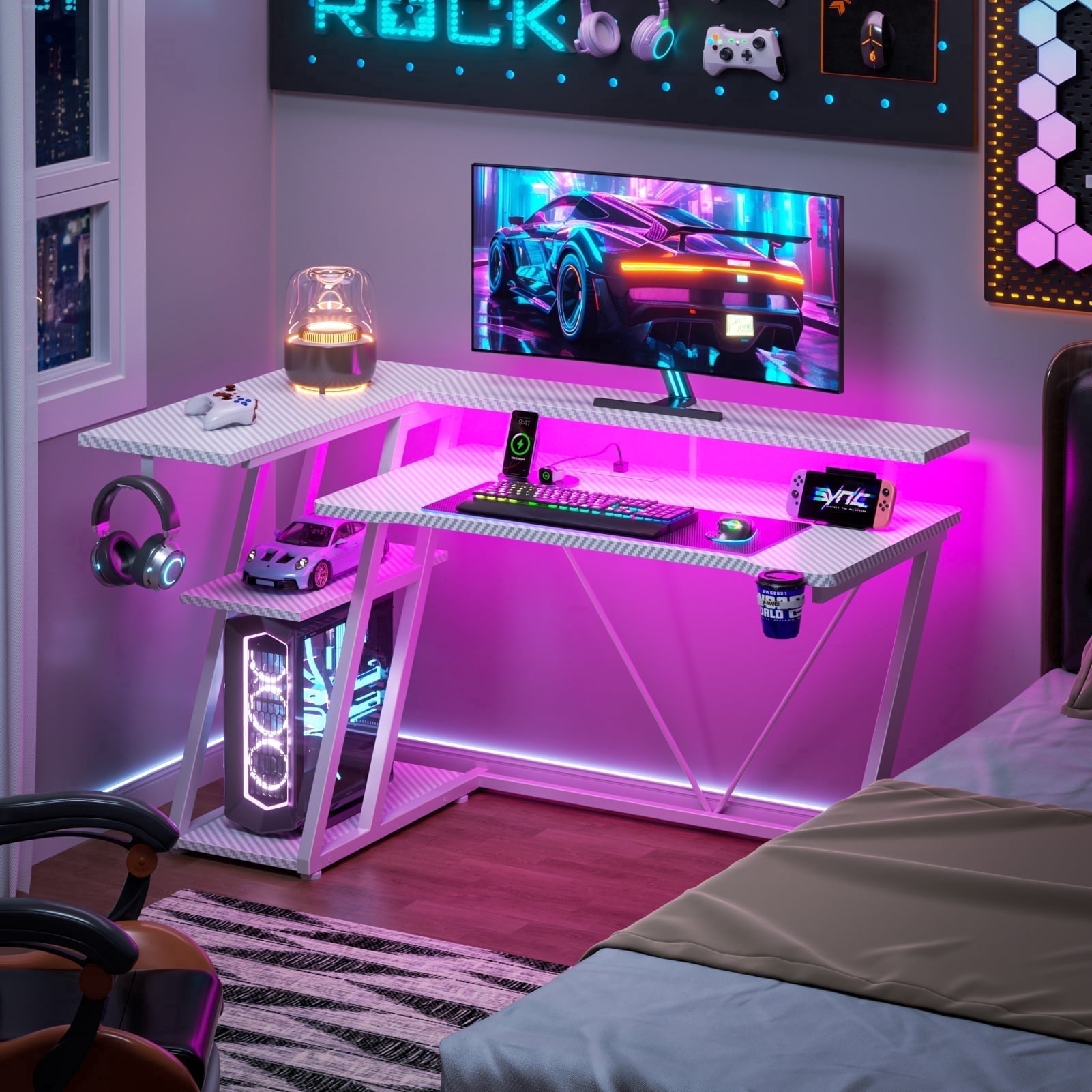Satifur 47" Pro L-Shaped Gaming Desk White, RGB LED, Power Hub & Monitor Riser for Ultimate Setup