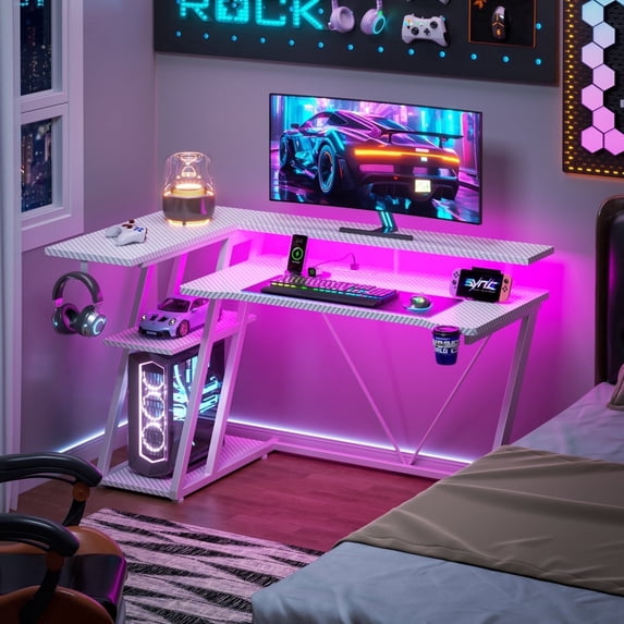 Satifur 47" Pro L-Shaped Gaming Desk White, RGB LED, Power Hub & Monitor Riser for Ultimate Setup