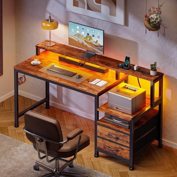 Satifur 47" Smart RGB Gaming Desk with App-Controlled Light Strip, Reversible Drawers & Built-in Charging Station,Rustic Brown