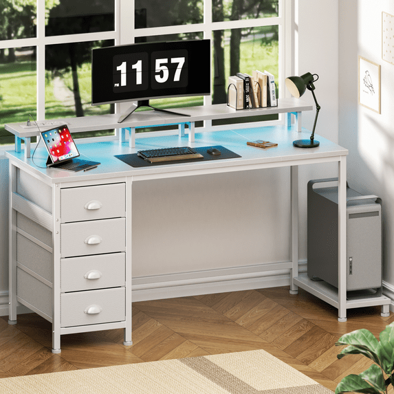 Satifur 47 inch Computer Desk with Power Outlets, Home Office Desk with 4 Drawers, Writing Desk with Removable Monitor Shelf & CPU Stand, White