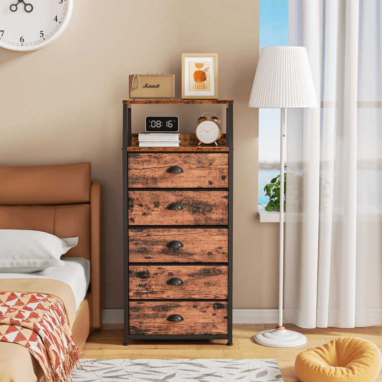 Satifur 5 Drawer Nightstand Tall Fabric Dresser Storage End Table Rustic Brown