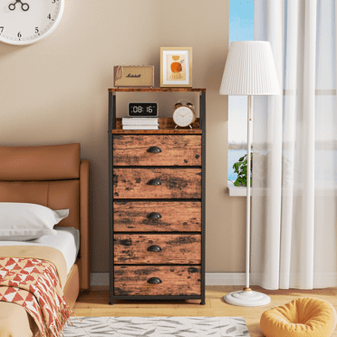 Satifur 5-Drawer Nightstand,Tall Fabric Dresser Storage End Table,Rustic Brown