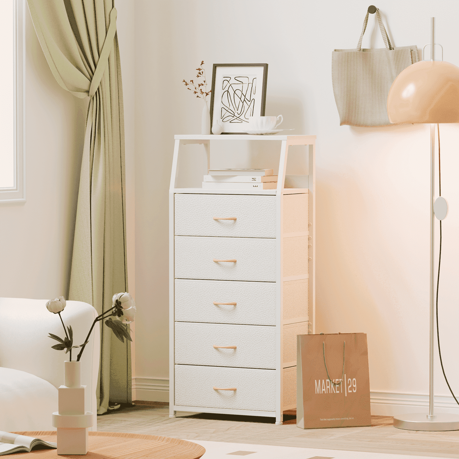 Satifur 5-Drawer Nightstand,Tall Fabric Dresser Storage End Table,for All Age,Metal Frame,White