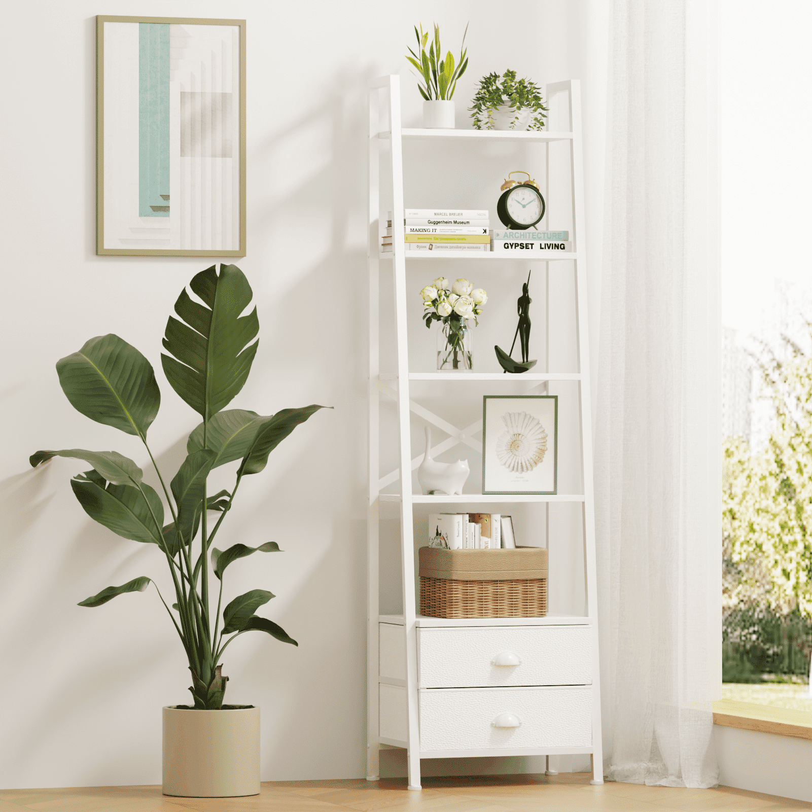 Off White Solid Wood Bookshelf with 5 shelves 2 removable and adjustable