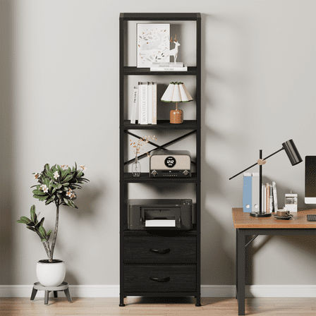 Satifur 5-Tier 65" H Bookshelf and Bookcase with 2 Removable Drawers, Narrow Display Shelf for Living Room, Black Oak