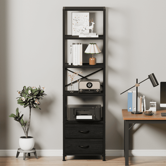 Satifur 5-Tier 65" H Bookshelf and Bookcase with 2 Removable Drawers, Narrow Display Shelf for Living Room, Black Oak