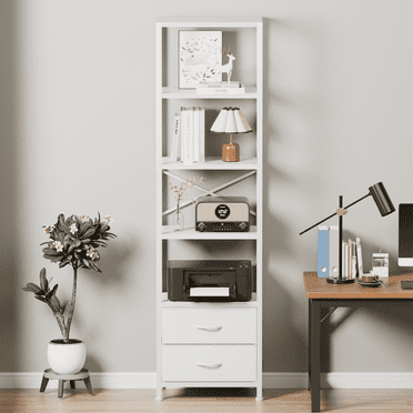 Satifur 5-Tier 65" H Bookshelf and Bookcase with 2 Removable Drawers, Narrow Display Shelf for Living Room, White