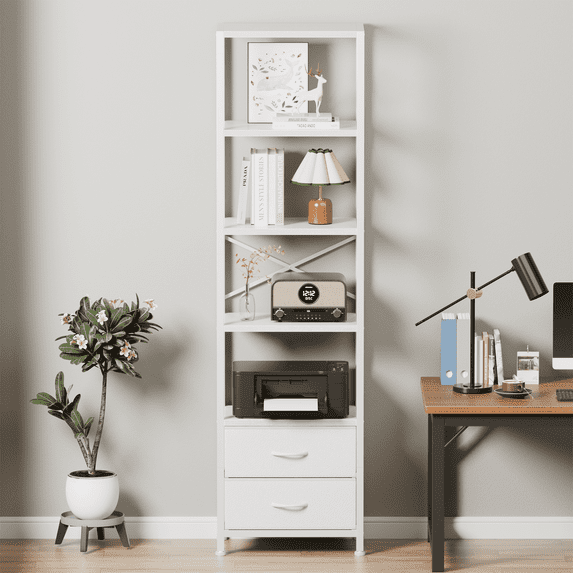 Satifur 5-Tier 65" H Bookshelf and Bookcase with 2 Removable Drawers, Narrow Display Shelf for Living Room, White