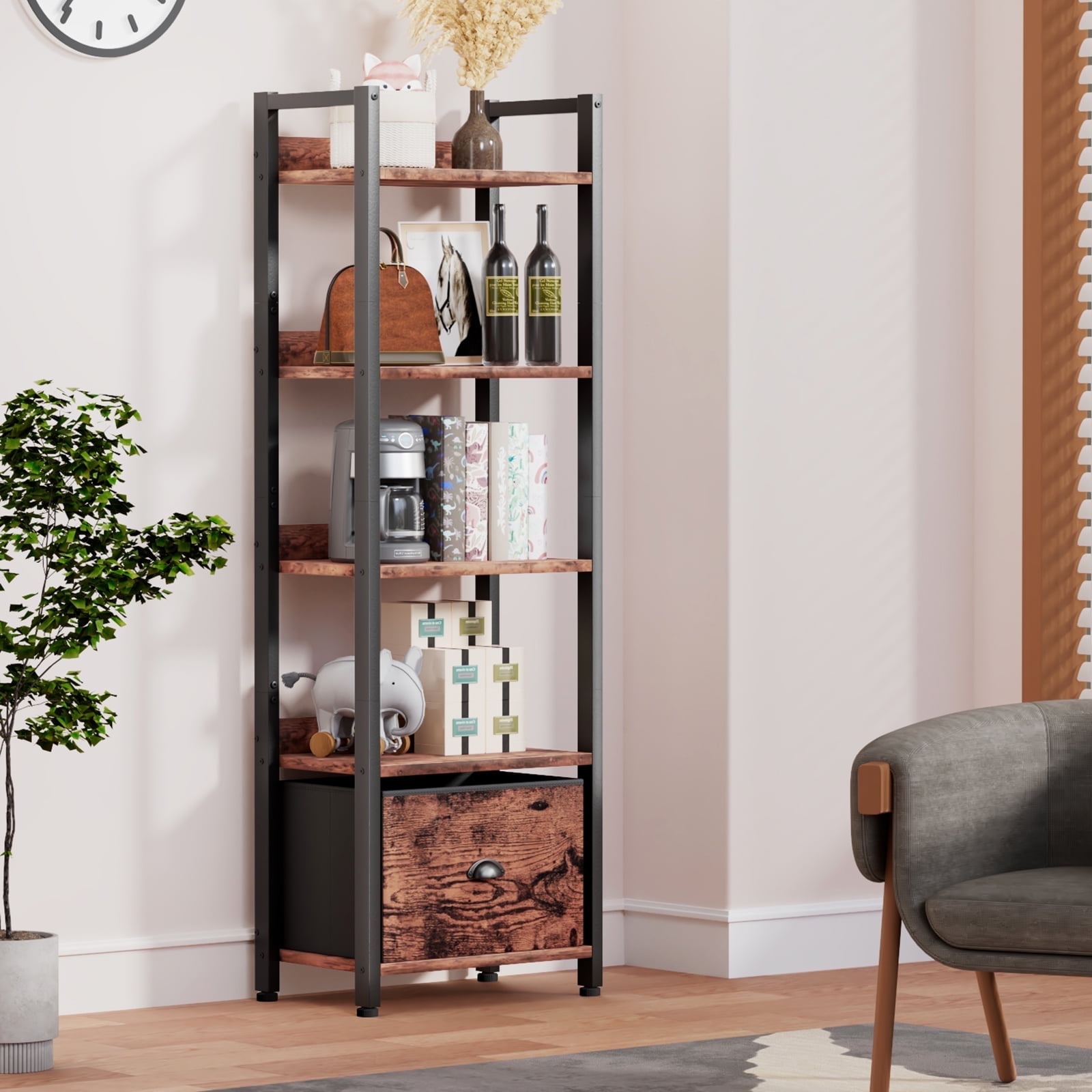 Walmart Coupons of Walmart Black Friday Deals 2025 - Satifur 5 Tier Bookcase with Removable Drawer Tall Standing Storage Shelves, Indoor Furniture Storage Shelves, Rustic Brown